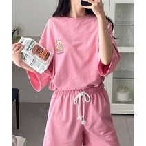 테디 자수 곰돌이 캐릭터 반팔티셔츠 반바지 트레이닝세트 운동복 여행룩 캠핑룩 빅사이즈 핑크