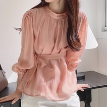 폼(Form) 허리 스트랩 하이넥 카라 솔리드 프릴 쉬폰 블라우스 봄 데이트 하객 룩 코디 셔링 셔츠