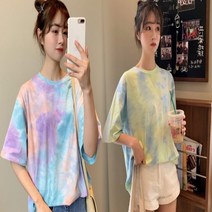 여성 물나염 반팔 티셔츠 타이다이 레인보우 무지개 루즈핏 형광 바캉스 나염티셔츠 3컬러