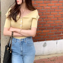 블링앤수 여성 니트 카라 브이넥 반팔 블라우스 LZZ249