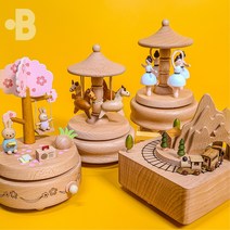 [본디자인랩] 우드오르골 4종 / 대만 태엽 회전목마 발레 기차 오르골, 봄날 벚꽃 소풍