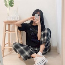 커플템 남녀공용 체크팬츠 주머니 일자 포켓팬츠 스퀘어 홈웨어 체크바지 파자마 캐주얼 체크 밴딩 와이드팬츠