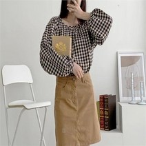 셀러허브 패션 여자 깅엄 잔주름 펌킨 콘트라스트 긴팔티 체스 블라우스