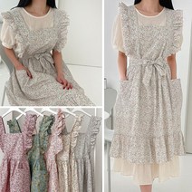 유앤마인 프릴 에이프런 원피스 앞치마 잔꽃무늬 프릴 레이스 원피스형 앞치마 국내제작 5COLOR 미니플라워 프릴 레이스형 러블리 원피스 롱앞치마, 그린