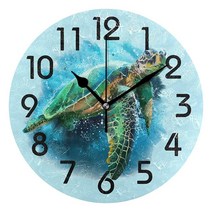 Naanle 살아있는 듯한 큰 바다 거북 프린트 원형 벽시계 24.9cm9.5인치 배터리 작동 쿼츠 아날로그 조용한 책상 시계 가정 사무실 학교용 USA 미국, Multicolor