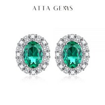ATTAGEMS-100% 925 스털링 실버 로듐 도금 타원형 절단 에메랄드 모이사나이트 다이아몬드 보석 스터드 귀걸이 고급 주얼리