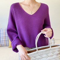 아모르데이 여성용 리어브이니트 베이직 브이넥 하찌 루즈핏 니트