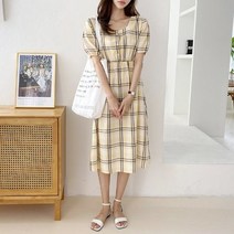 불꽃여자 체크패턴 린넨 스퀘어넥 반팔 롱원피스 (3color)