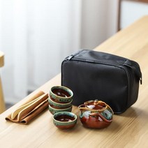 휴대용 다기세트 다도세트 보이차 찻잔 여행용 캠핑, C (+ 대나무 받침대)