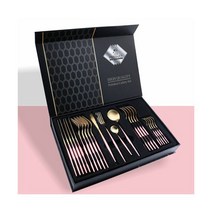 골드 식기 세트 스테인레스 스틸 나이프 포크 스푼 칼 주방 식기류 세척기 사용 가능 24 피스, Pink Gold-24PCS