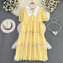 박나래 빅카라 체크 레이스 프릴 퍼프소매 우너피스