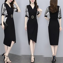 사사로이 여성 드레스 원피스 미디원피스 V넥 반팔원피스 화려한소매 쉬폰원피스 깔끔한원피스 벨트원피스 언밸런스원피스 화사한 패션 정장 하객룩 30대 여자원피스