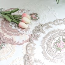 프렌치 레이스 자수 테이블 식탁 매트 인테리어 러너, 타원형-인디핑크