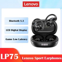 휴대용 운동 게이밍 이어폰 헤드폰 레노버 LP75 TWS 스포츠 이어폰 블루투스 5.3 무선 헤드폰 방수 HiFi 스테레오 소음 감소 마이크 포함, 01 LP75 Black