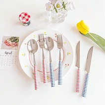 빈티지커트러리 귀여운 신혼 체크 커트러리 나이프 스푼 포크 세트, 포크 / 블루