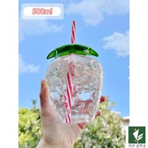 인싸풍 인싸 딸기 빨대컵 플라스틱 컵 러블리 밀크티 휴대용 물병, 투명+빨대