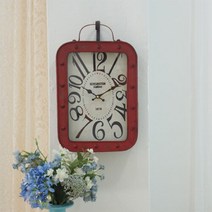 빈티지 손잡이 직사각 철제 포인트 벽시계 2컬러, 레드