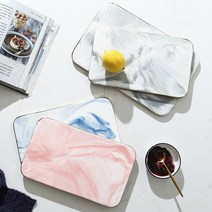 직사각 타원 대리석 오브제 골드 마블 트레이, 라운드트레이-대형, 그레이