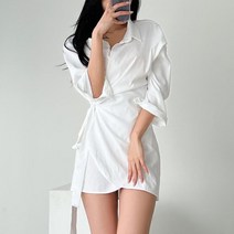 신세계TV쇼핑 [옷자락] 여자 흰색남방 랩셔츠 허리끈 여리핏 체인 미니원피스