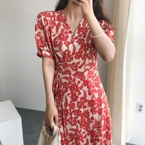 랩원피스 철릭 빅사이즈 복고풍 브이넥 크로스 허리 스트랩 꽃 드레스 여름