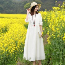 린넨 원피스 롱원피스 면 신제품 화이트 흰색 느슨한 봄 여름 드레스