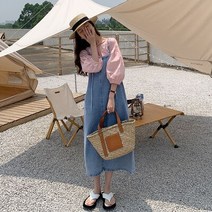 청원피스 봄 데님 여행 일자 원피스 SML 2 색 한국 스타일 여성 스트랩 긴 데님 dess 민소매 Sundress 작업