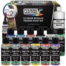 U.S. Art Supply 쏟아지는 마스터 12색 금속 즉시 붓기 아크릴 붓는 페인트 세트 - 프리미엄 사전 혼합 고유량 2온스 병 - 캔버스 나무 종이 공예품 타일 암석 등, 16 Count (Pack of 1)