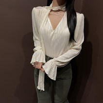 드리뮤즈 여성 사계절용 오피스 모임룩 하늘하늘 러블리 찰랑 여리핏 데일리 꾸안꾸 브이넥 주름 프릴 소매 롱 스카프 타이 퍼프 숄더 긴팔 블라우스