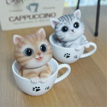 컵속 냥이 장식품 덕후 친구 선물 고양이소품 인테리어미니어처 집들이선물, 브라운