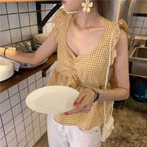 여자 여름 민소매 프릴 아방체크 나시 귀여운 나시