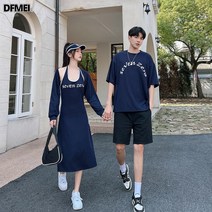 DFMEI 여름 커플 반팔 티셔츠 홀터넥 원피스 남녀