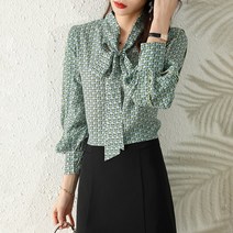 어라운드24 여성 셔츠 긴팔 브이넥 루즈핏 리본 도트 블라우스