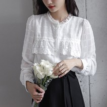 오버클래쓰 여성 라운드넥 긴팔 블라우스 레이스 프릴 쉬폰 심플