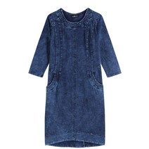 청데님원피스브이넥원피스멜빵데님 LIH HUA-니트 코튼 드레스 여성용 플러스 사이즈 데님 통통한 라운드 넥 가을 시크하고
