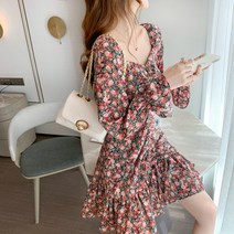 Makone 여성 봄 가을 셔링 플라워 쉬폰 미니 원피스