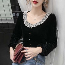 벨벳 셔츠 남방 칼라 포켓 블라우스 모직 티셔츠 여성용 가을 긴 소매 숏 골드 레이스 v넥 여성 모다
