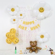 [피앤비유니티] 스마일데이지 커튼생일세트 손풍선형 곰돌이스탠드형 11종(컨페티 총 풍선 증정), 07)스마일 데이지 커튼세트(곰돌이 스탠드형)-화이트