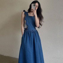 데님 민소매 프릴 오버롤 롱 원피스