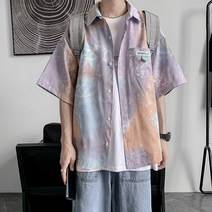 항풍 점차 염색 셔츠 남자 반팔 ins 유행표 고가 셔츠 여름 루즈한 커플 건달 멋진 외투