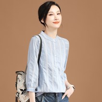 [인성] 여성 스트라이트 순면 7부 줄무늬 소매 반팔 블라우스 셔츠