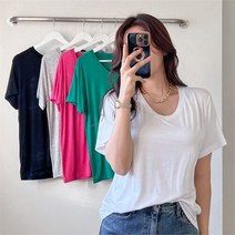 리본핑크 [리본크림] 국산 찰랑 브이넥 루즈핏 반팔티