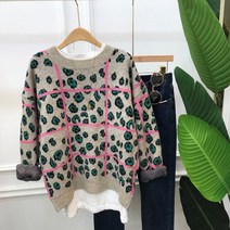 그리다 체크배색 호피 라운드니트