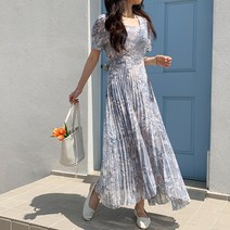 [리엘라]브레나 나염 쉬폰 플리츠 롱 원피스 플라워원피스 플리츠원피스 스퀘어넥원피스 주름롱원피스 우아한원피스 하객룩 오피스룩 화사한컬러 44-66