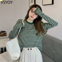 vsyoy 줄무늬 긴 소매 티 짧은 카디건