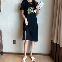 스타일아유 여성 프린트 반팔 롱 원피스 오버핏 라운드 나뭇잎 도안 원피스