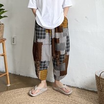 남자 9부 빈티지 체크 사선 와이드 밴딩 벌룬 팬츠 검정 통바지 3컬러