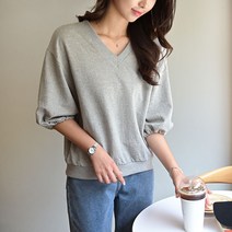 데일리앤 니케 여성 브이넥 5부 소매 밴딩 반팔 맨투맨 쭈리 가을 간절기 티셔츠