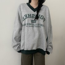 VANANA2 여성 국내제작 사계절용 데일리 루즈핏 브이넥 박시 레터링 배색 긴팔 맨투맨 티셔츠