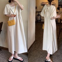 뒷 리본 반팔 롱 원피스 모던 데일리 베이직한 편한 오버 라운드 넥 레이어드 빅 사이즈 드레스 여성 홈웨어 이지 웨어 차박 캠핑 호캉스 피크닉 여행 룩 봄 여름 퍼프 소매 루즈 핏