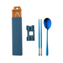 피크닉 식기 세트 스테인리스 스푼 젓가락 상자 휴대용 여행 캠핑 플랫웨어 휴대폰 홀더 3개, Blue 3